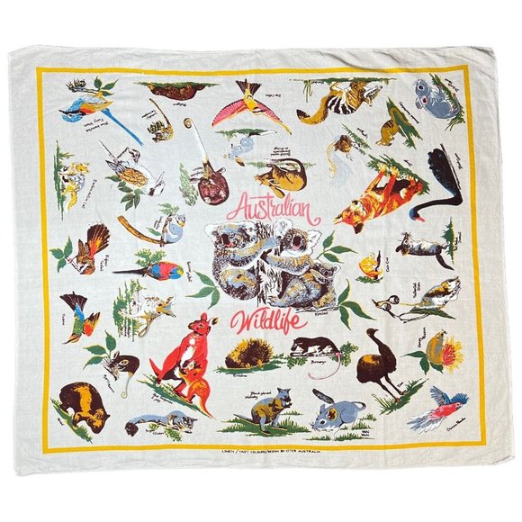 Vintage Wildlife Of Australia Linen Tablecloth Wall Hanging Koala Bear 52” X 45” - Picture 2 of 9